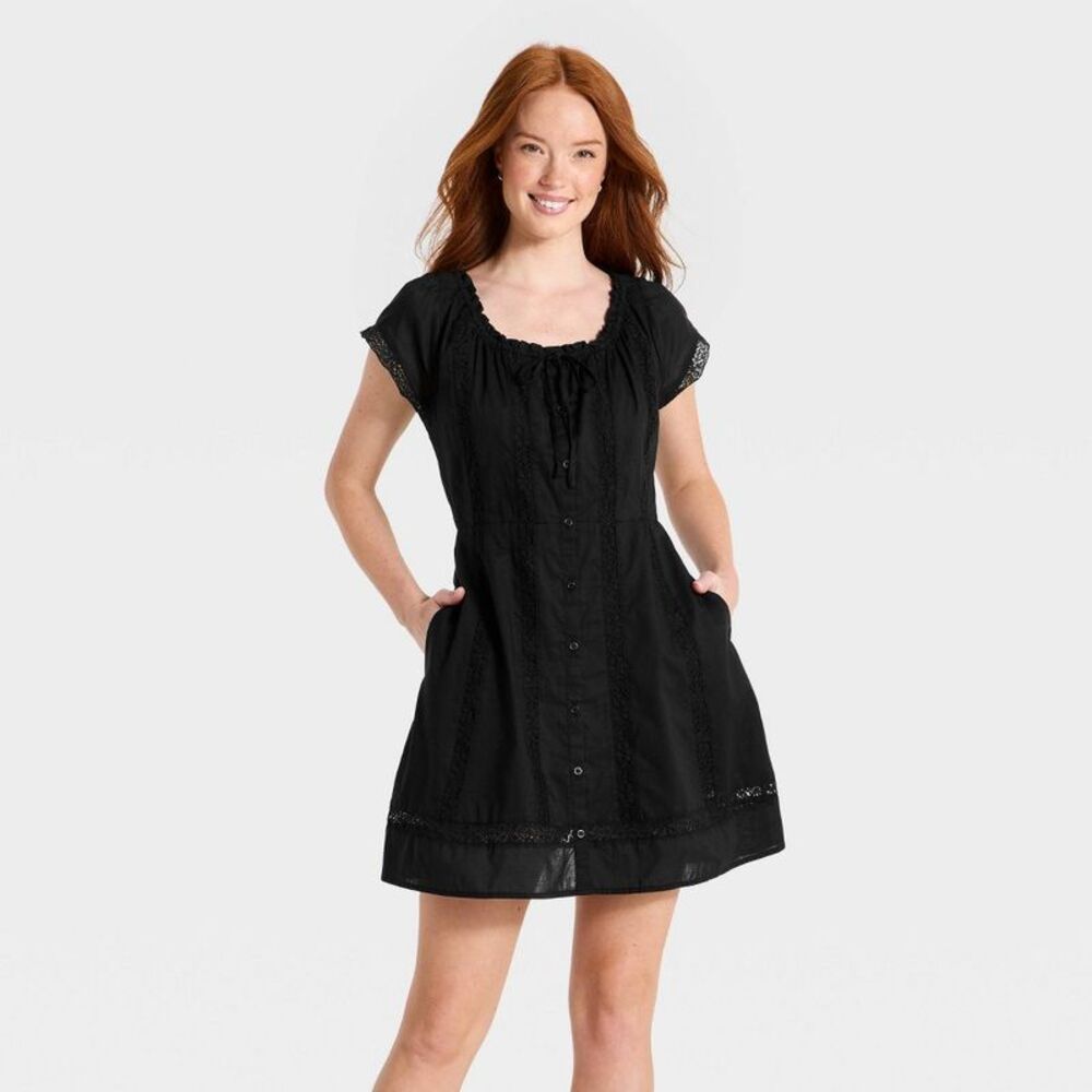 Women's Short Sleeve Lace Inset Mini Sundress - Universal Thread Black XL